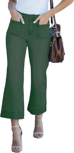 بنطال جينز واسع الساق للنساء، بنطال جينز عصري بخصر عالٍ وواسع وقابل للتمدد in Kuwait