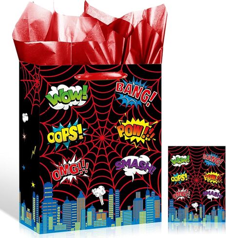 Spider Gift Bag Spider Birthday Party Gift Bag with Handles Tissue Paper and Card Red Spider Webs Wrapping Paper Bag Favor Treat Bags Spider Birthday Party Decorations for Boys Men Birthday Supplies in Saudi Arabia