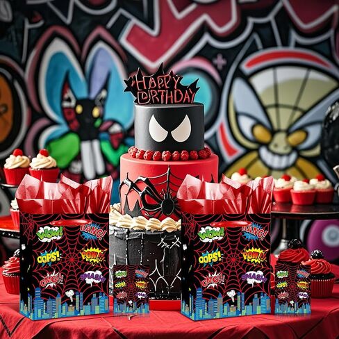 Spider Gift Bag Spider Birthday Party Gift Bag with Handles Tissue Paper and Card Red Spider Webs Wrapping Paper Bag Favor Treat Bags Spider Birthday Party Decorations for Boys Men Birthday Supplies in Saudi Arabia