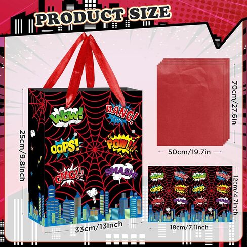 Spider Gift Bag Spider Birthday Party Gift Bag with Handles Tissue Paper and Card Red Spider Webs Wrapping Paper Bag Favor Treat Bags Spider Birthday Party Decorations for Boys Men Birthday Supplies in Saudi Arabia