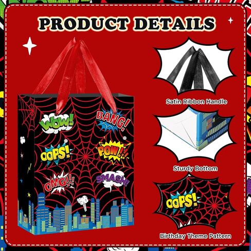 Spider Gift Bag Spider Birthday Party Gift Bag with Handles Tissue Paper and Card Red Spider Webs Wrapping Paper Bag Favor Treat Bags Spider Birthday Party Decorations for Boys Men Birthday Supplies in Saudi Arabia