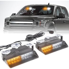 2 in 1 LED Emergency Dash Strobe Light Bar Front/Rear Windshield Safety Flashing Warning Hazard Interior Lights for Police Firefighter Construction Vehicles Trucks (2x7.5 inch, Amber/White)
