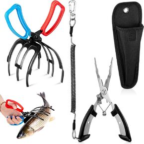 Mifoci 2 Pcs Fishing Plier and Fishing Gripper, Metal 3 Claw Fish Gripper and Stainless Steel Long Nose Hook Remover with Sheath Fishing Accessories for Fishing Freshwater Fish Grabber Tool
