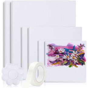 Skyouths Canvases for Painting, 40x30,30x20, 20x15, 8 Set Stretched White Canvas with Petal Paint Tray Palettes & Tape, Artist Canvases Frame Board Panels, Cotton Canvas for Oil, Acrylic, Watercolor
