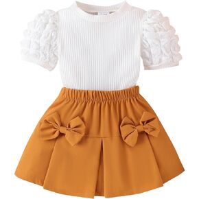 Eaerobc Toddler Girl Spring Summer Outfit Bubble Puff Sleeve Shirt Top Mini Pleated Skirt Kids Girl 2Pcs Set