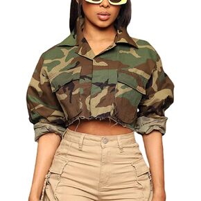 Yimoon Camo Jacket Women Cropped Army Fatigue Jacket Crop Camouflage Top Camo Outfits Casual Cargo Trendy Long Sleeve Tops