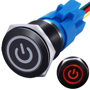 mxuteuk 19mm Waterproof Latching Push Button Switch 12V ON/Off Switch 1NO 1NC SPDT Black Metal with Red Power Symbol Light with Wire Suitable for 3/4" Mounting Hole for Car Marine RV L-19-POWER-B-R