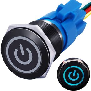 mxuteuk 19mm Waterproof Latching Push Button Switch 12V ON/Off Switch 1NO 1NC SPDT Black Metal with Red Power Symbol Light with Wire Suitable for 3/4" Mounting Hole for Car Marine RV L-19-POWER-B-R