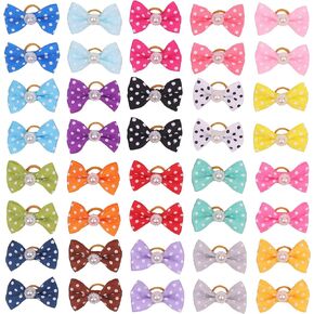 YAKA 40pcs/(20pairs) Hot Cute Small Dog Hair Bows Topknot Small Bowknot with Rubber Bands Pet Grooming Products Pet Hair Bows Hair Accessories 20 Colors (Dots Bowknot)