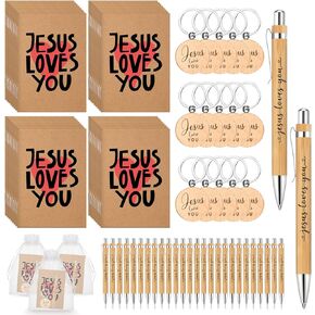 Tenceur 10 Sets Christian Gift Bulk Include Jesus Loves You Sign Inspirational Prayer Notepad Bible Bamboo Pen Religious Keychain with Organza Bags Church Favors for Easter Mother's Day Sunday School