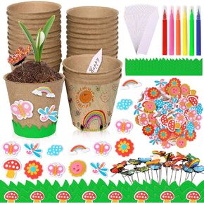 Garden Paper Pot Craft Kit 20 Pack Flower Plant Spring Craft with 50pcs Adhesive Foam Stickers 20pcs Paper Mache Pots Label Pen Flower Planting Growing Kit Science for Kids Mother Day in Saudi Arabia