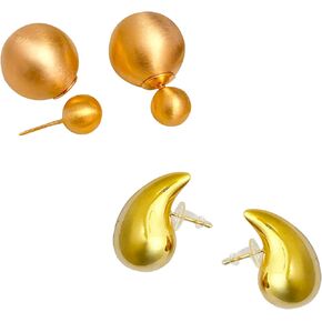 Gold Teardrop Earrings+Brushed Ball Stud Earrings