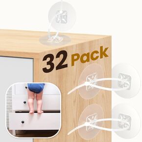 Furniture Anchors (32 Pack) No Drill Upgraded Furniture Straps for Baby Proofing, Self-Adhesive Secure 168 Pound Furniture Anti Tip Wall Anchors for Child Safety