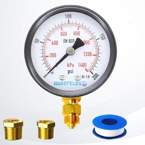 Hansfelds 0-100psi Dry Pressure Gauge, 2'' DIAL FACE*1/4NPT, Bottom, Black Steel case and Bezel, Glass Window,Brass Internal and Connection, Dual Scale bar/psi, with Logo hansfelds, Accuracy 1.6