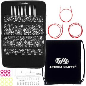 ChiaoGoo Twist Red Lace 5-Inch Small 7500-S Interchangeable Circular Knitting Needle Set, Sizes US 2, 3, 4, 5, 6, 7, 8, Stainless Steel with 3 Cords Bundle with 1 Artsiga Crafts Project Bag