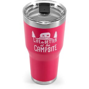 حياة كامكو أفضل في The Campsite Tumbler | عزل مفرغ بجدار مزدوج شديد التحمل | مصنوع من الفولاذ المقاوم للصدأ 18/8 | تصميم فريد من نوعه "الحياة أفضل في موقع المخيم" باللون الوردي المرجاني | 30 أونصة (53062)