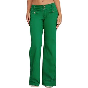 Flamingals Women's Button Up Flap Pocket Flare Pants Low Waist Casual Pants