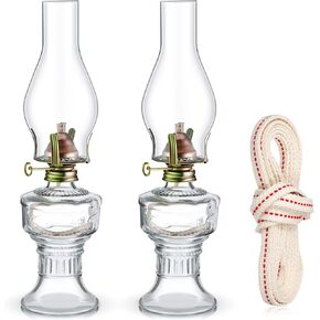 Yexiya 2 Pieces Rustic Oil Lamp Lantern Large Classic Kerosene Lamp Vintage Glass Kerosene Lamp Chamber Oil Lamps with 6.6 ft Extra Oil Lamp Wick for Indoor Use Home Decor Lighting (Classic)