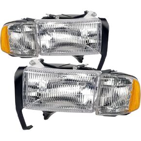 APSVE Headlights Assembly compatible with 1994-2001 Dodge Ram 1500, 94-02 RAM 2500 3500 (Non-Sport Models) Headlights w/Corner Lights w/Bulb, Driver Passenger Side, Chrome Housing Clear Lens