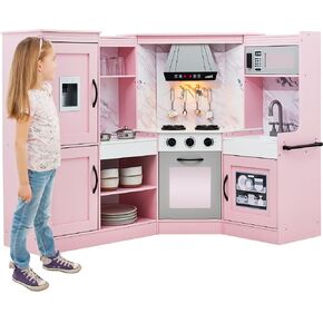 Best Choice Products Pretend Play Corner Kitchen, Ultimate Interactive Wooden Kids Playset w/Lights & Sounds, Ice Maker, Hood - Pink