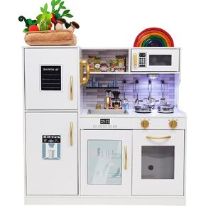 TOUCH US Wooden Play Kitchen Toy Set with Light, Kids Children Pretend Toy Kitchen Playset, Sink with Faucet, Oven, Microwave, Kitchenware Set Accessories for Ages 3-8 Girls Boys in Saudi Arabia