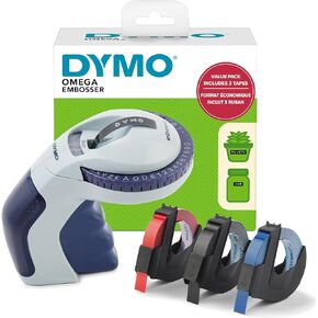 Dymo Embossing Label Maker with 3 Label Tapes | Omega Label Maker Starter Kit | Small, Ergonomic Design with Turn Click Wheel | for Home, DIY & Crafting (£/€, Ä, Ö & Ü)