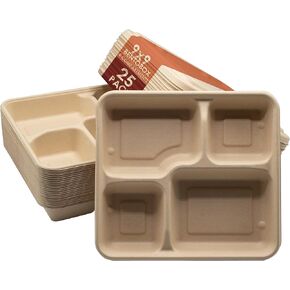 SQ USA Take Out Food Containers [BPI Certified], 9X9" 4-Compartment Meal Prep Lunch Bento Boxes with Lids, 25 Pack, Natural Disposable, Heavy Duty, Eco-Friendly, Biodegradable,Made of Bagasse
