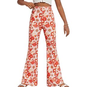 OYOANGLE Girl's Boho Floral Print Elastic Waist Flared Leg Pants Casual Bell Bottom Trousers