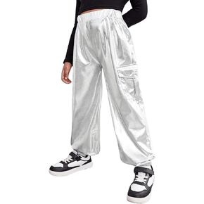 OYOANGLE Girl's Metallic Elastic Waist Flap Pocket Jogger Y2K Cargo Pants Streetwear Trousers with Pocket