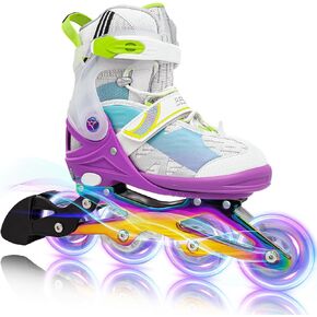 Besketo Light up Inline Skates for Kids, 5 Size Adjustable Length and Width Roller Shoes with Full Illuminating Wheels for Girls and Boys, Blades Roller Skates for Beginner Women Adults