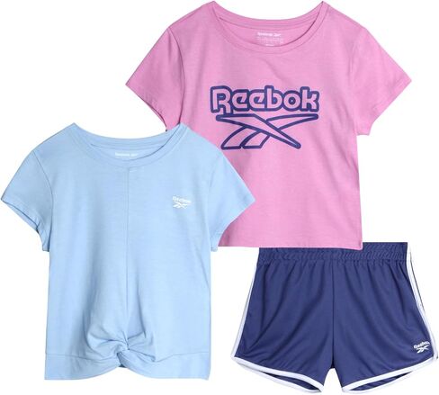 Reebok Girls' Active Shorts Set - 3 Piece Short Sleeve T-Shirt and Mesh Dolphin Gym Shorts - Athleisure Set for Girls (7-12) in Saudi Arabia