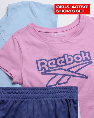 Reebok Girls' Active Shorts Set - 3 Piece Short Sleeve T-Shirt and Mesh Dolphin Gym Shorts - Athleisure Set for Girls (7-12) in Saudi Arabia