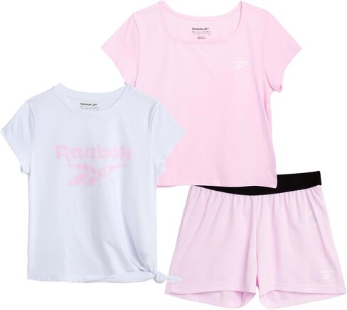 Reebok Girls' Active Shorts Set - 3 Piece Short Sleeve T-Shirt and Mesh Dolphin Gym Shorts - Athleisure Set for Girls (7-12) in Saudi Arabia