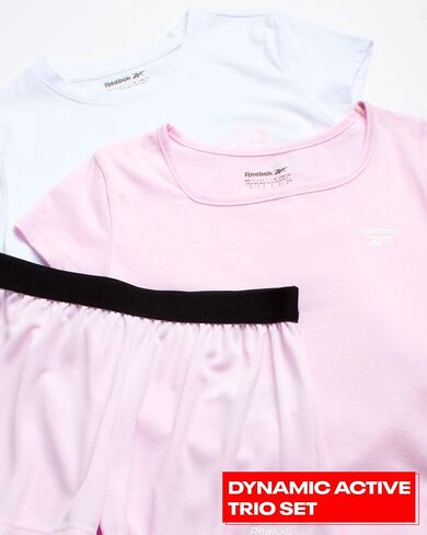 Reebok Girls' Active Shorts Set - 3 Piece Short Sleeve T-Shirt and Mesh Dolphin Gym Shorts - Athleisure Set for Girls (7-12) in Saudi Arabia