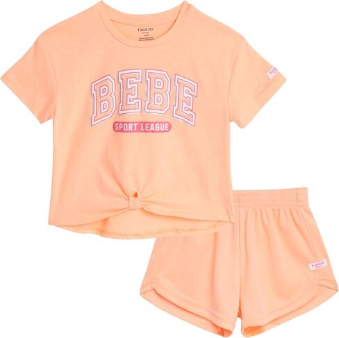 bebe Girls' Active Shorts Set - 2 Piece Performance T-Shirt and Mesh Running Shorts - Cute Summer Outfit for GIrls (4-12) in Saudi Arabia
