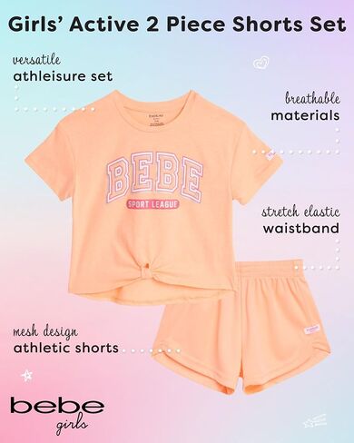 bebe Girls' Active Shorts Set - 2 Piece Performance T-Shirt and Mesh Running Shorts - Cute Summer Outfit for GIrls (4-12) in Saudi Arabia