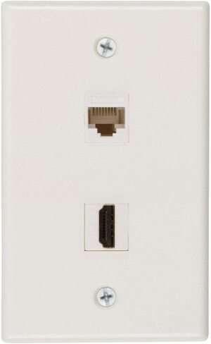 نقطة المشتري لوحة حائط HDMI وإيثرنت | منفذ HMDI 2.0 وCat6 Ethernet RJ45 مدرج في قائمة UL مع دعامة تثبيت واحدة، مثالي للتلفزيونات عالية الدقة الذكية وأجهزة الشبكة (أبيض) - حزمة واحدة in Kuwait