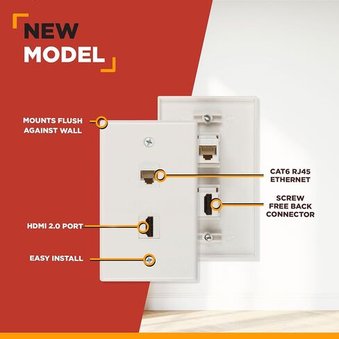 نقطة المشتري لوحة حائط HDMI وإيثرنت | منفذ HMDI 2.0 وCat6 Ethernet RJ45 مدرج في قائمة UL مع دعامة تثبيت واحدة، مثالي للتلفزيونات عالية الدقة الذكية وأجهزة الشبكة (أبيض) - حزمة واحدة in Kuwait