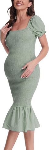 فساتين Bodycon صيفية للحوامل، فستان استحمام للأطفال بأكمام منتفخة ورقبة مربعة مكشكشة in Kuwait