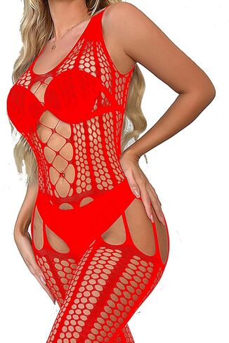 فستان WINROLA نسائي شبكي أحمر اللون من بيبي دول شبكة صيد السمك فستان قصير بمقاس موحد، قمصان شفافة in Kuwait