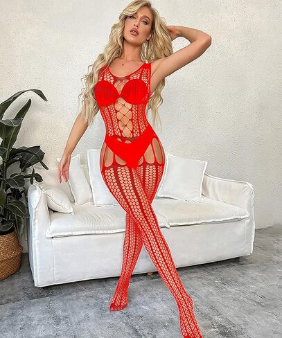 فستان WINROLA نسائي شبكي أحمر اللون من بيبي دول شبكة صيد السمك فستان قصير بمقاس موحد، قمصان شفافة in Kuwait