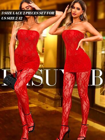 EHSUYAB 2Pc Tube Dress Tights Set, Full Floral Lace, Sexy Date Night Outfit in Saudi Arabia