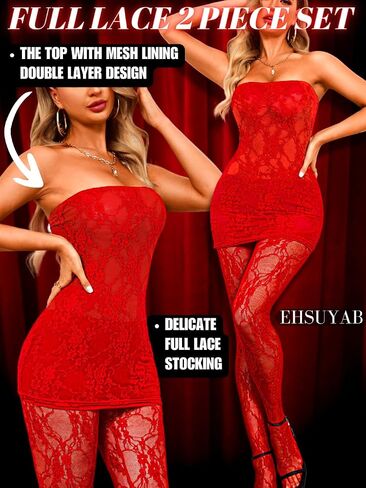 EHSUYAB 2Pc Tube Dress Tights Set, Full Floral Lace, Sexy Date Night Outfit in Saudi Arabia