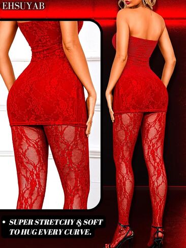 EHSUYAB 2Pc Tube Dress Tights Set, Full Floral Lace, Sexy Date Night Outfit in Saudi Arabia