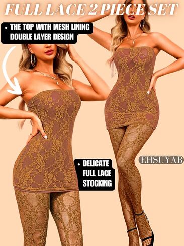 EHSUYAB 2Pc Tube Dress Tights Set, Full Floral Lace, Sexy Date Night Outfit in Saudi Arabia