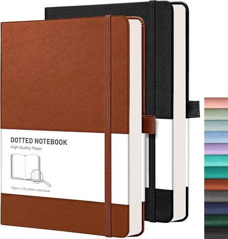 RETTACY Bullet Dotted Journal 2 Pack - A5 Dotted Grid Journal Notebook with 160 Numbered Pages per Pack, 120 GSM Acid-Free Paper, Leather Hardcover, Inner Pocket, 5.7'' × 8.3'' (Black & Brown) in Saudi Arabia