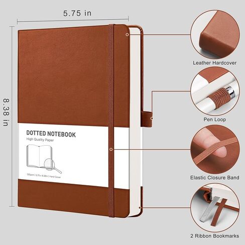 RETTACY Bullet Dotted Journal 2 Pack - A5 Dotted Grid Journal Notebook with 160 Numbered Pages per Pack, 120 GSM Acid-Free Paper, Leather Hardcover, Inner Pocket, 5.7'' × 8.3'' (Black & Brown) in Saudi Arabia