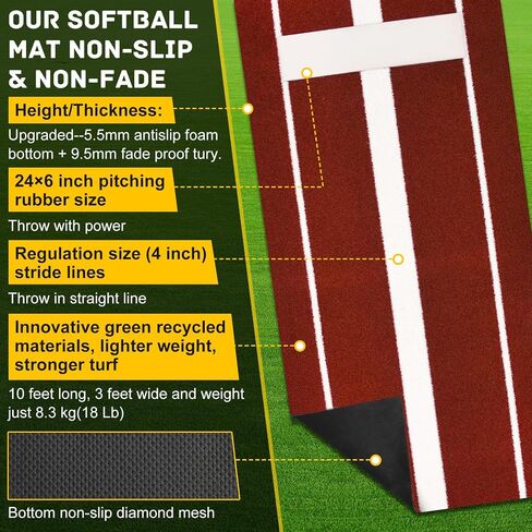 Portable Softball Pitching Mat（3*10ft）for Indoor Outdoor Pitching Practice, Baseball Pitching mound Turf Matt with non-slip foam,Fastpitch Slowpitch Softball Pitching Turf Mat with Carry Strap in Saudi Arabia