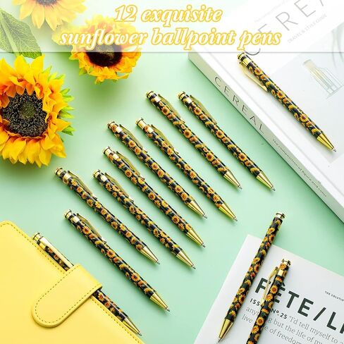 Yexiya 12 Pieces Sunflower Pens Ballpoint Pens Click Ball Pens Reusable Retractable Journaling Pens Sunflower Party Favors Black Ink Medium Point 1.0 mm Gift Pens for School Office Women and Men in Saudi Arabia