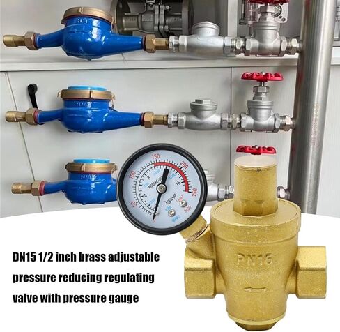Water Pressure Regulator DN15 1/2" with Gauge Pressure Reducer Valve Adjustable Pressure Reducer for Most Tap Water Equipment (DN15 1/2inch) in Saudi Arabia